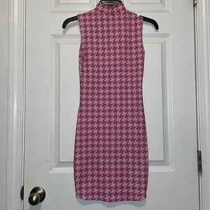 Black Milk Clothing High Neck Toastie Dress Pink houndstooth pattern Size XS